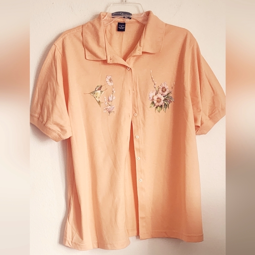 Crystal Springs Women's Collared Button-up Peach Bird & Flower Design Shirt XL